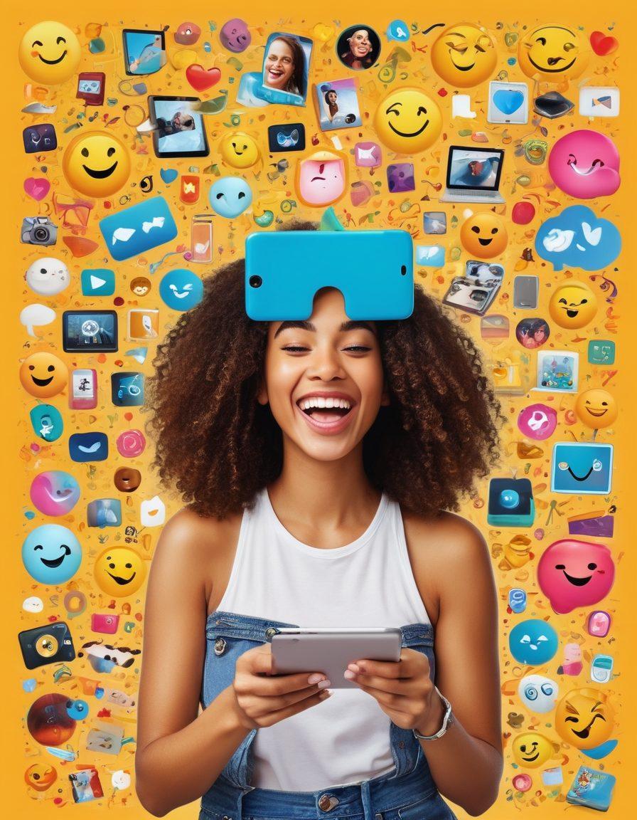 An inspiring collage depicting diverse individuals joyfully creating videos on their devices, surrounded by colorful emojis and playful visual elements symbolizing happiness and creativity. Incorporate dynamic elements such as musical notes, art supplies, and digital screens displaying happy moments. Emphasize a vibrant, uplifting atmosphere filled with rich colors and playful designs, capturing the essence of user-generated content. vibrant colors. modern illustration.