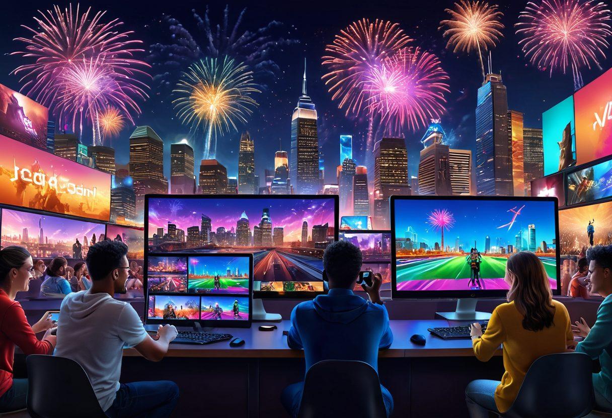 A lively scene showcasing diverse groups of people enjoying a mega video platform on various devices, with bright screens displaying colorful video thumbnails. Include elements of gaming, streaming, and social interaction, highlighting a sense of community and entertainment. The background should feature vibrant fireworks and a neon-lit cityscape to evoke a festive atmosphere. super-realistic. vibrant colors. 3D.