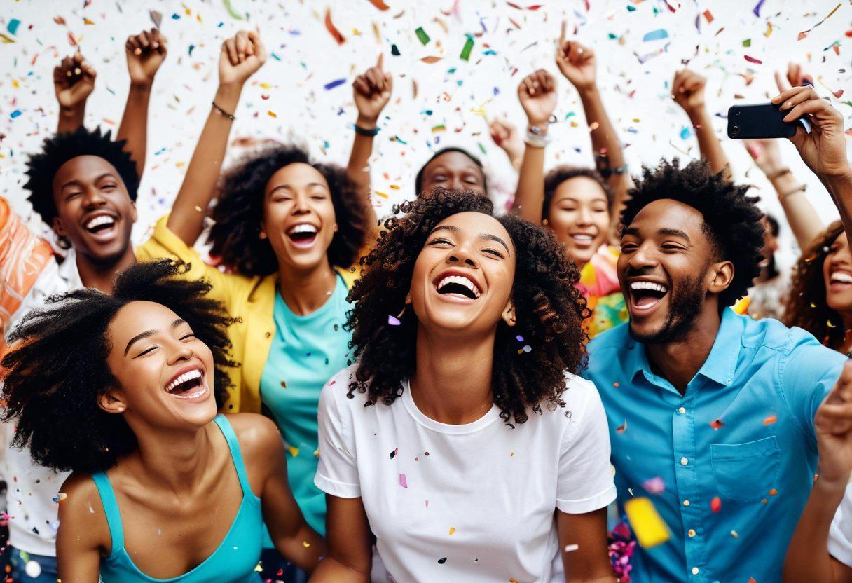 A vibrant collage of joyful moments captured on video, featuring diverse people celebrating, laughing, and creating memories with colorful confetti swirling around. Incorporate elements of technology like cameras and smartphones reflecting the essence of video-sharing. Bright and uplifting color palette with a soft-focus background to evoke warmth and happiness. super-realistic. vibrant colors. white background.